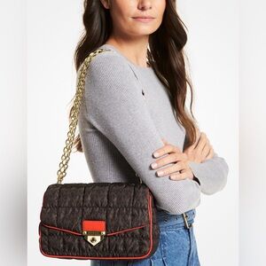 •MICHAEL KORS•NWOT BROWN & TAN LARGE QUILTED SIGNATURE-LOGO SHOULDER BAG $398.00